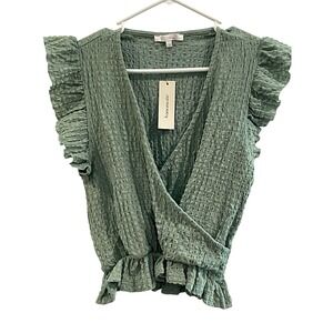 00120‎ - Francesca's XS Sage Green Crinkle Ruffle Sleeve Surplice Top NWT